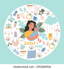 Woman holding a small baby in her arms a set of items for newborns, vector objects in doodle style, colored doodles.