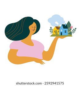 Woman holding a small house in her palms. Mother day card idea, vector illustration