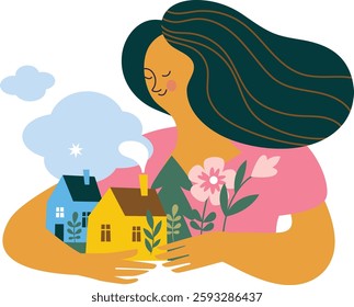 Woman holding a small houses in her hands
