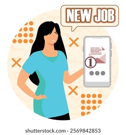 A woman holding a smart phone with a new job notification. The image depicts joy and success. Flat vector modern illustration