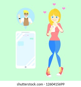 woman holding smart phone using dating application site concept online chat with man,flat cartoon character design vector illustration