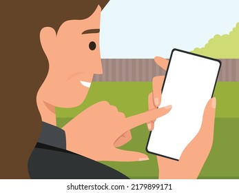 Mujer sosteniendo un smartphone, retrovista. Niña tomando foto, selfie. Foto de una chica por teléfono. Teléfono, Usuario de Internet. Ilustración del vector sobre fondo blanco