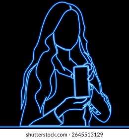 Woman Holding Smartphone with Blank Screen Mockup icon neon glow vector illustration concept