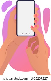 Woman holding smartphone with blank white screen. Vectors template for web design, online exchange, e-commerce, business, dating apps
