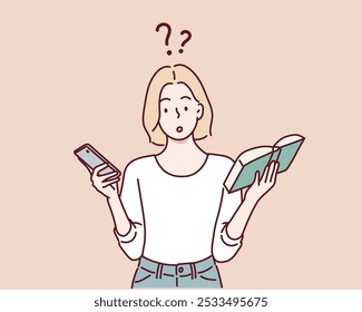 A woman holding a smartphone and a book in her hands, looking curious. Hand drawn style vector design illustrations.