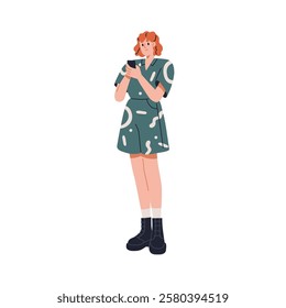 Woman holding smartphone, browsing online. Happy young girl standing with mobile phone in hands, using internet, social media, texting outdoors. Flat vector illustration isolated on white background