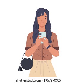 A woman holding smartphone , call and sends message via sms chat with internet wifi. Communication concept. Vector illustration in a flat style