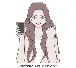 A woman holding a smartphone and doing a guts pose