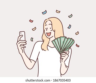 Woman holding smartphone and dollars. drawn style vector design illustrations.