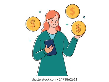 Woman holding smartphone and dollars. vector cartoon style  illustrator