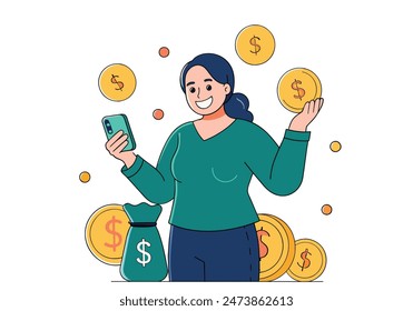 Woman holding smartphone and dollars. vector cartoon style  illustrator