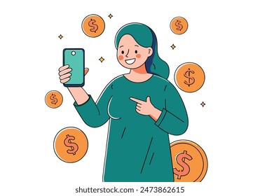 Woman holding smartphone and dollars. vector cartoon style  illustrator