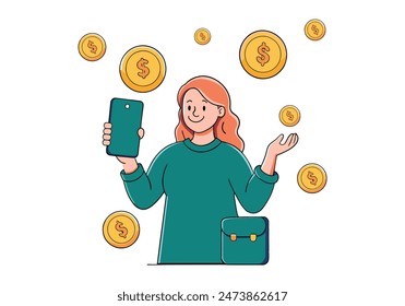 Woman holding smartphone and dollars. vector cartoon style  illustrator