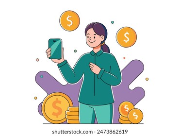 Mujer que sostiene el teléfono inteligente y los dólares. Vector ilustrador de estilo de dibujos animados