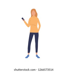 Woman holding smartphone flat icon. Phone user, girl, female. People concept. Vector illustration can be used for topics like age, occupation, lifestyle
