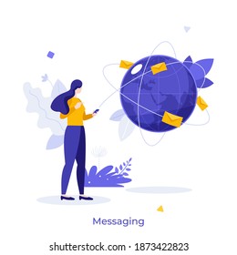 Woman holding smartphone, globe and letters in envelopes around it. Concept of global internet communication, mobile application for instant messaging. Flat vector illustration for poster, banner.