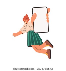 Woman holding smartphone in hands showing empty blank screen of mobile phone, flat cartoon vector illustration. Isolated female character with cellphone, mockup or copy space place
