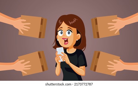 
Woman Holding Smartphone Having Her Orders Delivered Vector Cartoon. Happy Customer Receiving Parcels With Free Shipping From E-commerce Purchases 
