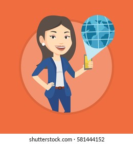 Woman holding a smartphone with a model of planet earth coming out of the device. International technology communication concept. Vector flat design illustration in the circle isolated on background.
