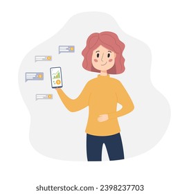 Woman holding smartphone with online banking in dollars. Online banking concept. Online payment concept. Cute vector illustration in flat cartoon style.