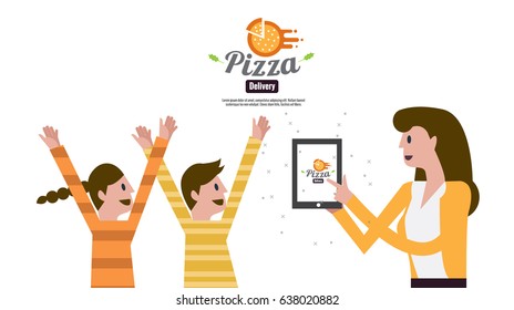 Woman holding smartphone and ordering pizza for kids. Order fast food online concept. website  banner. flat design vector illustration. eps10 