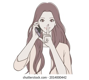 A woman holding a smartphone and putting her index finger on her mouth