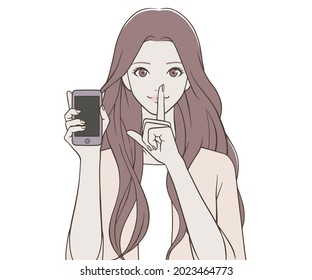 A woman holding a smartphone and putting her index finger on her mouth