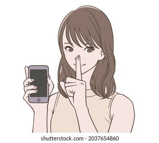 A woman holding a smartphone and putting her index finger on her mouth