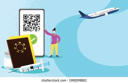 Woman holding smartphone with QR code on screen. Concept of authorization of travel with vaccine passport and digital sanitary pass, European Green Pass.  International Certificate of vaccination.