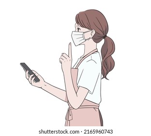 A woman holding a smartphone and raising her index finger
