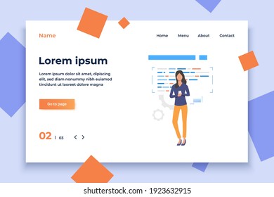 Woman holding smartphone. Screen, texting, website. User interface concept. Vector illustration for website, landing page, online store