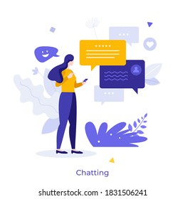 Woman holding smartphone and sending messages. Concept of chatting, online messaging, application for internet conversation, digital communication. Modern flat vector illustration for banner, poster.