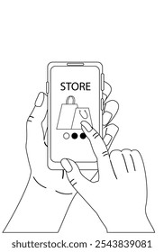Woman holding smartphone and shopping online. Shopping via mobile app on internet. Vector black and white outline illustration, female hands with phone