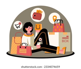 Woman holding smartphone, sitting near shopping bags. Buyer involved in virtual shopping. Electronic commerce benefits. Process of making purchases online. Flat vector illustration