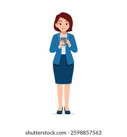 Woman Holding a Smartphone and Standing Wearing a Suit for Work