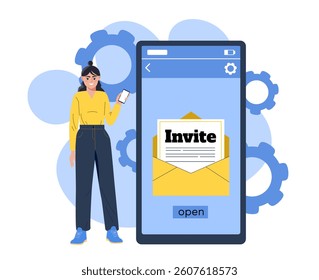 A woman holding a smartphone stands next to a large mobile screen showing an open envelope with an invite. Flat style on white background. Concept of online invitation. Vector illustration