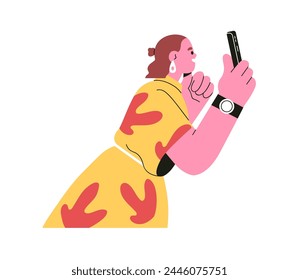 Mujer sosteniendo el teléfono inteligente, tomando foto, foto. Chica feliz con el teléfono inteligente móvil en la mano, fotografiando, disparando en la cámara del teléfono móvil. Ilustración vectorial plana aislada sobre fondo blanco