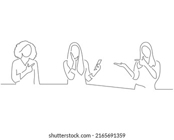 Woman holding a smartphone with two friends in line art drawing style. Composition of three persons. Black linear sketch isolated on white background. Vector illustration design.