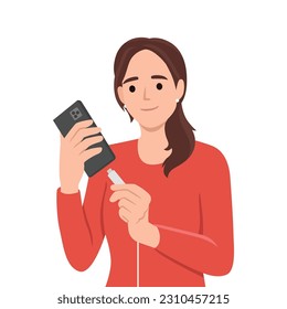 Woman holding smartphone uses cable to charge battery after seeing red indicator of dead accumulator. Girl with mobile phone connects type-c or usb mini wire for fast battery charging. Flat vector ill