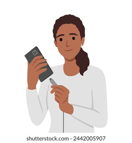 Woman holding smartphone uses cable to charge battery after seeing red indicator of dead accumulator. Flat vector illustration isolated on white background
