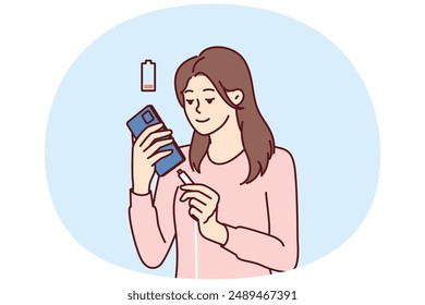 Woman holding smartphone uses cable to charge battery after seeing red indicator of dead accumulator. Girl with mobile phone connects type-c or usb mini wire for fast battery charging