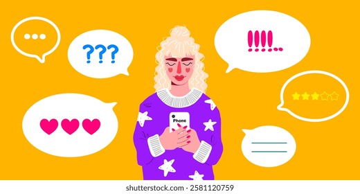 Woman holding a smartphone with various speech bubbles expressing emotions and reactions in a vibrant yellow background.