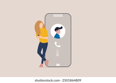 Woman holding smartphone waiting for mobile phone call or message from boyfriend. Girl dreaming of love