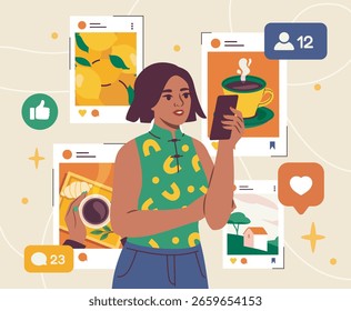 Woman holding smartphone while browsing social media, surrounded by colorful posts and icons, flat style on light background. Concept of online interaction. Vector illustration