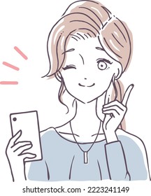 A woman holding a smartphone and winking A woman who can operate a smartphone perfectly Person illustration material