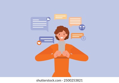 Woman holding smartphone write messages in chat. Character vector design. Flat illustration style.