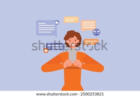 Woman holding smartphone write messages in chat. Character vector design. Flat illustration style.