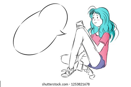 woman holding smartphone.Cute girl happy and bubble text .cute cartoon isolate background.vector illustration in hand drawn style.cartoon doodle design,grain,noise texture.clip art for background