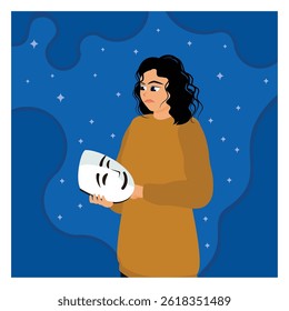 A woman holding a smiling emoji mask. Hiding sadness behind a mask. Flat vector illustration.