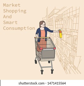 A woman is holding something in a cart. Supermarket shelf background. hand drawn style vector design illustrations. 